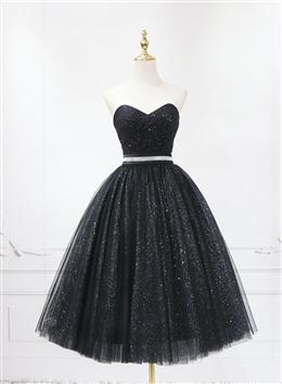 Picture of Shiny Black Color Sweetheart Tea Length Tulle Prom Dresses, Black Color Evening Dresses Homecoming Dresses